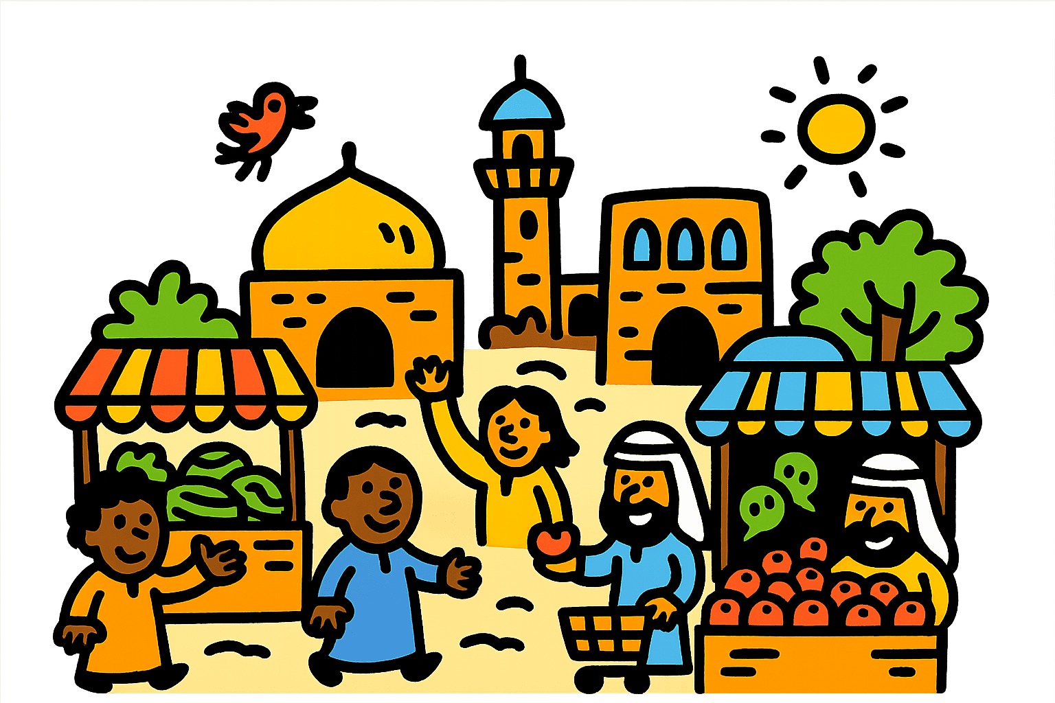 Marketplace doodle — stalls, buyers, storefronts